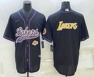 Men%27s Los Angeles Lakers Black Big Logo With Patch Cool Base Stitched Baseball Jerseys